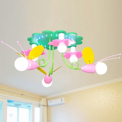 Cartoon Bee and Flower Ceiling Flush Wood 6 Heads Bedroom Semi Flush Mount Chandelier in Green and Pink