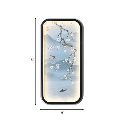 Chinese LED Wall Mural Light Blue Flowering Plum Branch Flush Mount with Ceramic Shade