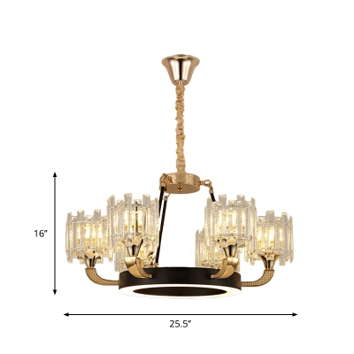 Circle Bedroom Ceiling Suspension Lamp Modern Tri-Sided Crystal Rod 6 Lights Black-Gold Chandelier