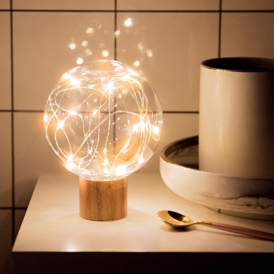 Clear Ball Nightstand Lamp Simple Plastic USB Rechargeable LED Table Light with Wood Base