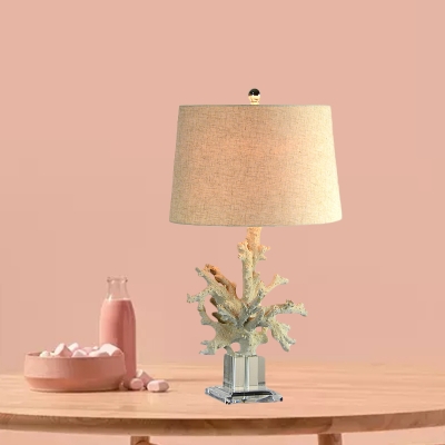 Coral Bedroom Nightstand Lamp Traditional Resin Single Light Beige Table Light with Drum Fabric Shade