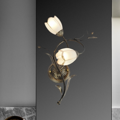 Countryside Flower Buds Sconce 2-Head Opaline Glass Wall Mounted Light in Bronze, Left/Right