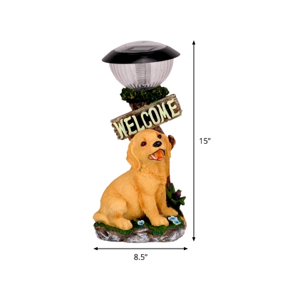 Dog Statue Front Door Solar Ground Light Resin LED Modern Path Lighting Ideas in Yellow with Bowl Lampshade