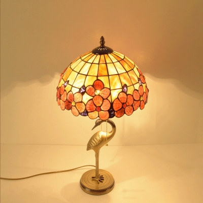 Flower-Border Dome Table Lamp Tiffany Stained Glass 2 Heads Gold Night Light with Crane Bird Base and Pull Chain