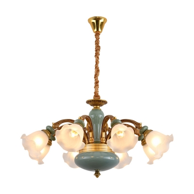 Flower Shade Living Room Drop Pendant Countryside Opal Glass 6/8/10-Bulb Gold Chandelier with Blue Ceramics Detail
