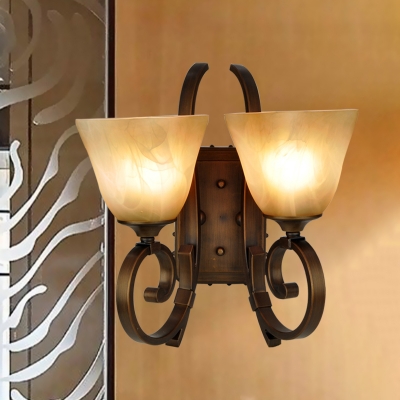 Frosted Glass Antiqued Bronze Sconce Square-Bell 2 Lights Farm Style Wall Mount Light Fixture