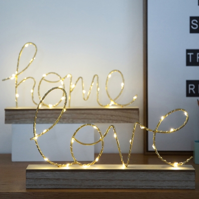 Gold Letter HOME/LOVE Small Night Light Romantic Minimalist Iron LED Table Lamp with Wood Pedestal