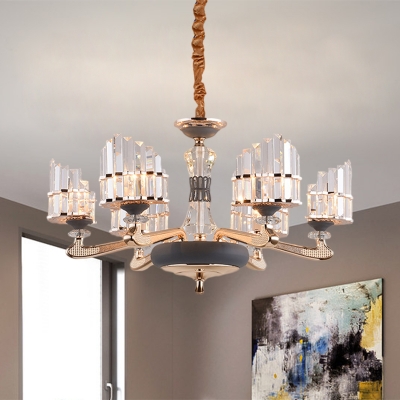 Half-Shade Crystal Prism Hanging Light Contemporary 6 Bulbs Dining Table Chandelier in Grey and Gold