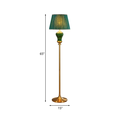 Hand-Paint Ceramic Vase Floor Lighting Retro Single Living Room Floor Lamp with Tapered Pleated Fabric Shade in Green