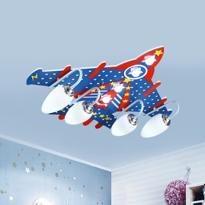 Kids Fighter Plane Wood Flush Mount Lamp 4-Light Close to Ceiling Lighting Fixture in Blue