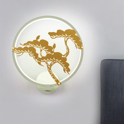 Metal Halo Ring Wall Mounted Light Chinese LED Gold-Tree Mural Lamp in White/Black for Dining Room