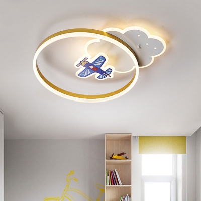 Metal Ring and Cloud Ceiling Flush Nordic Style LED Gold Flushmount Lighting with Aircraft Deco