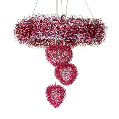 Metal Wire Loving Heart Suspension Light Nordic Style 7-Light Rose Red Finish Chandelier