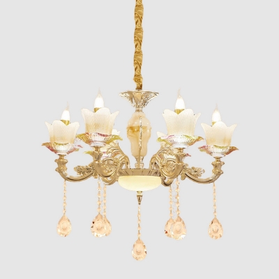 Mid-Century Flower Chandelier Lamp Fixture 6-Bulb Crystal Hanging Light Kit in Gold