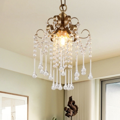 Mini Crystal Droplets Down Lighting Antique Single Living Room Pendant Lamp in Gold