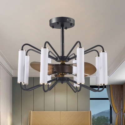 Modernism 8-Light Semi Flush Light with Acrylic Shade Black Tubular 3-Blade Hanging Fan Lamp in Black, 28
