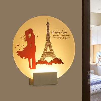Modernist LED Wall Mural Lighting White Wedding Couple/Eiffel Tower Lovers Patterned Sconce with Acrylic Shade