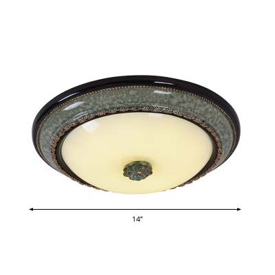 Pewter LED Flush Mount Fixture Country Style White Glass Bowl-Shape Flush Lighting, 14