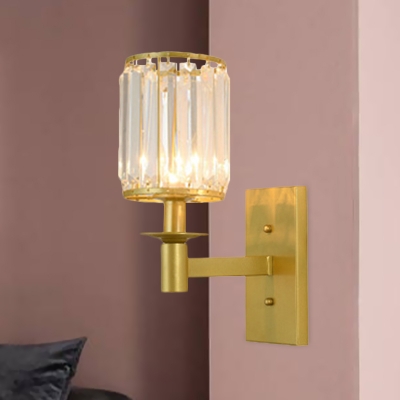 Post Modern 1/2-Bulb Wall Mount Lighting with Crystal Prisms Shade Gold Finish Cylindrical Wall Lamp