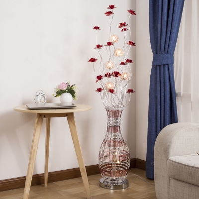 Red Florets and Vase Standing Floor Light Art Deco Metal Wire LED Parlour Tree Floor Lamp