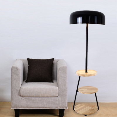 Round Bedside Reading Floor Lamp Iron 1 Head Nordic Floor Standing Light with 3-Layer Wood Table in Black
