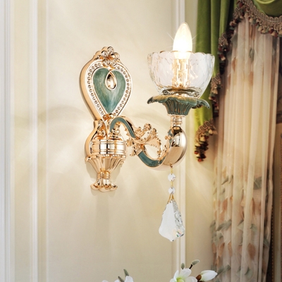 Scalloped Bowl Bedroom Sconce Light Vintage Clear Glass Single Wall Mount Lamp with Curved Arm