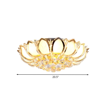 Traditional Lotus Flush Ceiling Light 7-Bulb Crystal Orbs Flush Mount Fixture in White and Gold