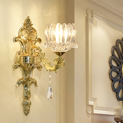 

Traditional Lotus Wall Light Fixture 1/2-Bulb Crystal Sconce Lighting in Gold for Living Room, HL642975