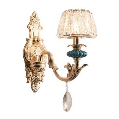 Truncated Cone Crystal Wall Light Antiqued 1/2-Bulb Bedroom Wall Sconce in Gold and Blue