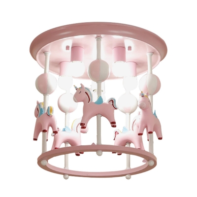 Unicorn Flush Light Fixture with Carrousel Design Cartoon Resin 6 Bulbs Blue/Pink Flush Mount