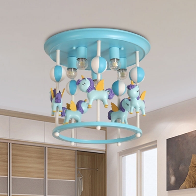 Unicorn Flush Light Fixture with Carrousel Design Cartoon Resin 6 Bulbs Blue/Pink Flush Mount