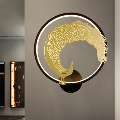 White/Black Peacock Sconce Light Fixture Asian LED Metal Wall Mural Lamp for Living Room, Left/Right