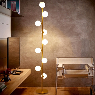 White Glass Orb Shade Standing Light Modernism 9-Head Floor Lamp in Gold for Bedside