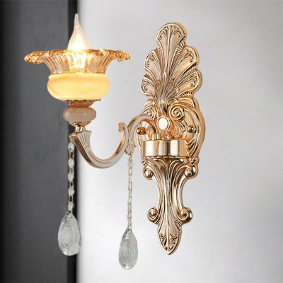Wide Flare Amber Glass Sconce Traditional 1/2-Bulb Dining Room Wall Mount Lighting in Gold