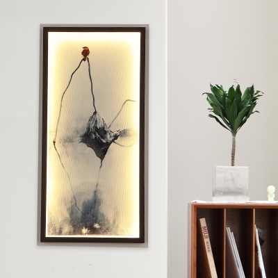 Withered Lotus Leaf Ink Mural Light Asian Aluminum Study Room LED Wall Sconce in Black