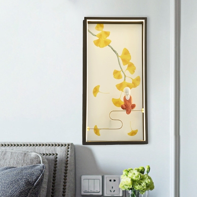 Yellow Ginkgo and Monk Mural Wall Light Japanese Acrylic LED Flush Wall Sconce for Sitting Room