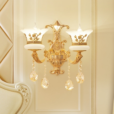 1/2-Bulb Wall Sconce Lighting Traditional Bedside Wall Lamp with Flared Opal Frosted Glass Shade, Gold