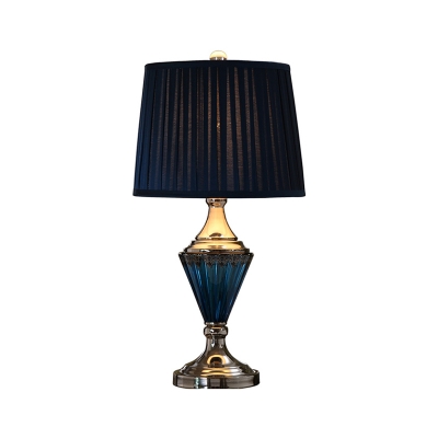 1 Head Nightstand Light with Drum Shade Pleated Fabric Traditional Parlour Desk Lamp in Blue