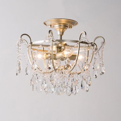 4-Bulb Dangling Crystal Semi Flush Light Traditional Gold Bowl Cage Living Room Ceiling Lamp