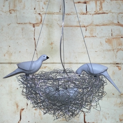 5 Lights Bird Nest LED Multi-Pendant Art Deco Silver Finish Aluminum Wire Ceiling Hang Fixture