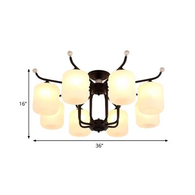 6/8-Light Opal Glass Semi Mount Lighting Traditional Black Finish Cylinder Parlour Flush Lamp Fixture