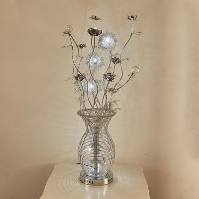 Aluminum Wire Floral Table Lighting Art Deco LED Bedside Vase Desk Lamp in Silver