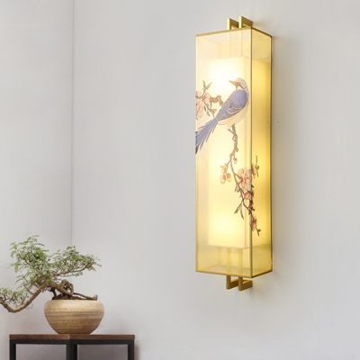 Asian LED Wall Mounted Lamp Blue Magpie Drawing Wall Mural Lighting with Fabric Shade