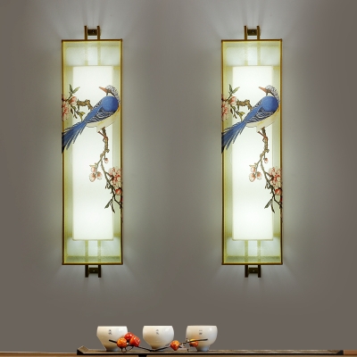 Asian LED Wall Mounted Lamp Blue Magpie Drawing Wall Mural Lighting with Fabric Shade