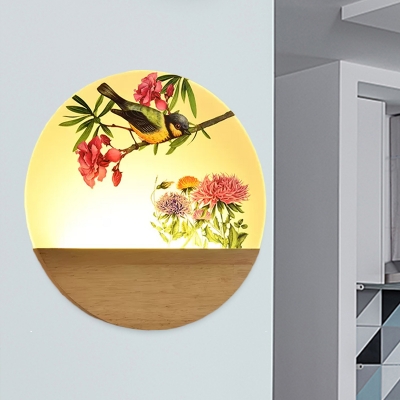 Bird and Blossom/Lovebird Mural Lamp Chinese Style Acrylic Bedside LED Round Wall Lighting in Wood