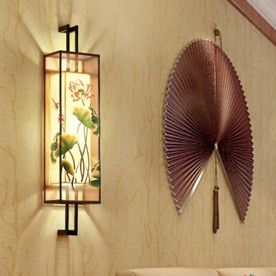 Blooming Lotus/Plum Print Mural Lighting Chinoiserie Fabric 2-Light Hotel Wall Light Sconce in Black