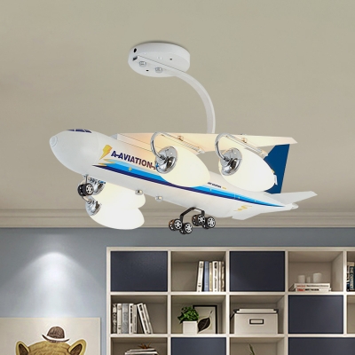 Blue Aircraft Shape Semi Flush Lamp Cartoon 4 Lights Metal Flush Ceiling Fixture with Bullet Opal Glass Shade