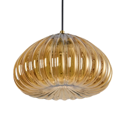 Bowl Restaurant Drop Pendant Clear/Cognac Ribbed Glass Single-Bulb Postmodern Hanging Light
