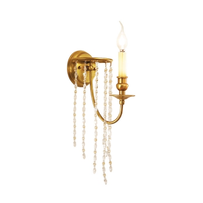 Candle Bedside Wall Light Rustic Metal 1 Head Gold Wall Mount Fixture with K9 Crystal Strand
