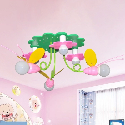 Cartoon Bee and Flower Ceiling Flush Wood 6 Heads Bedroom Semi Flush Mount Chandelier in Green and Pink